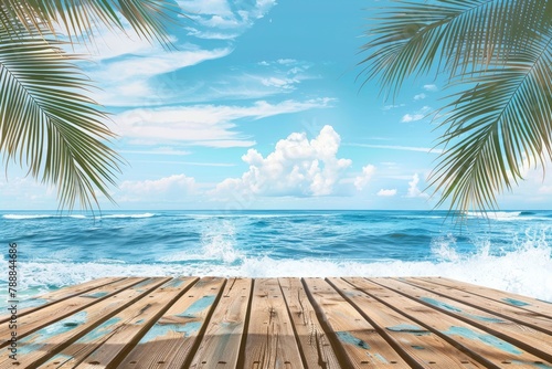 Summer tropical sea with waves, palm leaves and blue sky with clouds. Perfect vacation landscape with empty wooden table - generative ai