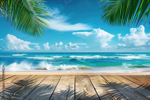 Summer tropical sea with waves  palm leaves and blue sky with clouds. Perfect vacation landscape with empty wooden table - generative ai