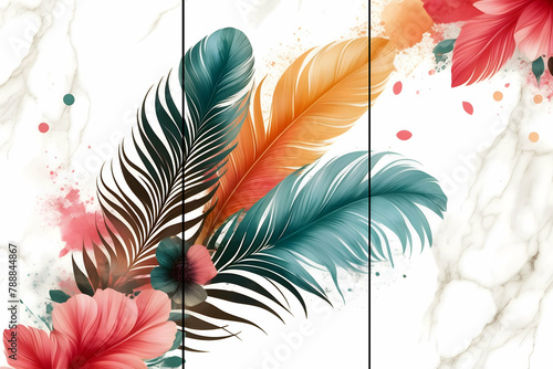 Home panel wall art three panels  colorful marble background with flowers and feathers silhouette