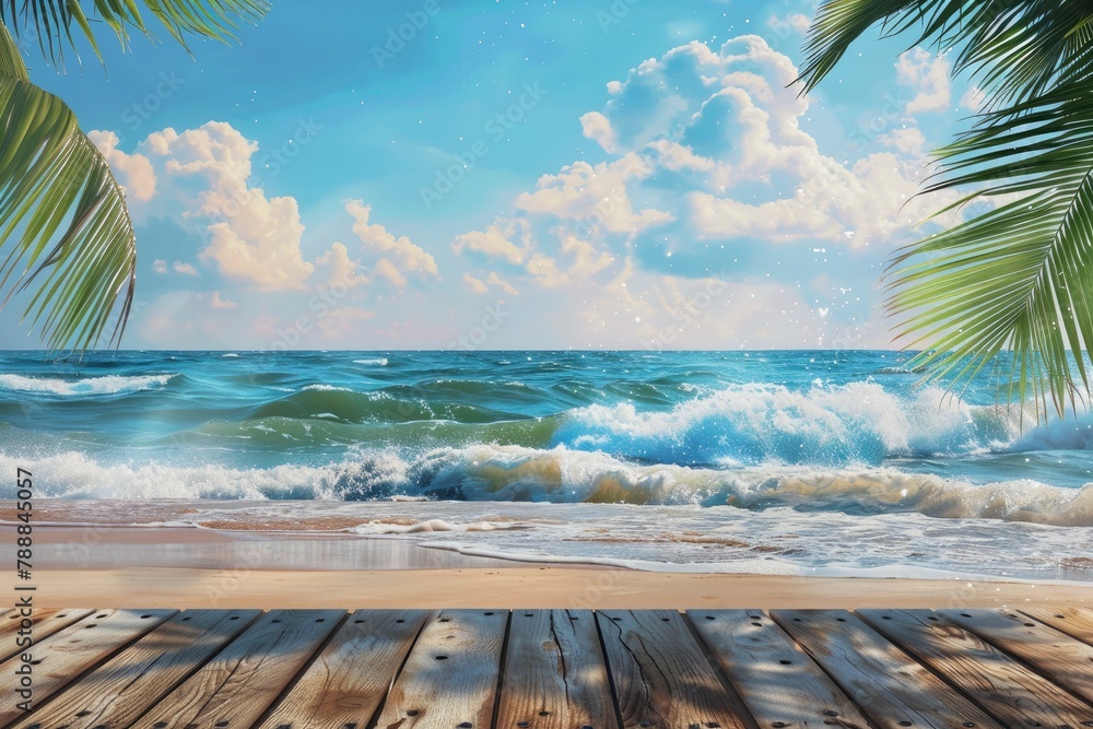 Summer tropical sea with waves, palm leaves and blue sky with clouds. Perfect vacation landscape with empty wooden table - generative ai