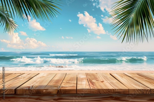 Summer tropical sea with waves, palm leaves and blue sky with clouds. Perfect vacation landscape with empty wooden table - generative ai