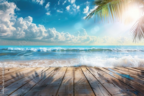 Summer tropical sea with waves, palm leaves and blue sky with clouds. Perfect vacation landscape with empty wooden table - generative ai