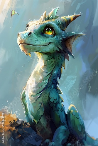 dragon sitting rock aquamarine eyes cute portrait bright golden watery small green blue palette half deep anthropomorphic dungeons dragons adopt defense