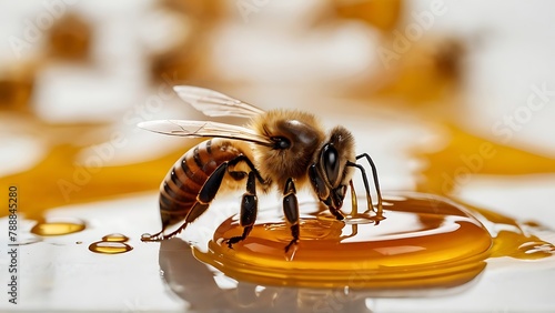Golden Essence: Close-Up of Honey with a Honey Bee on Table Against White Background