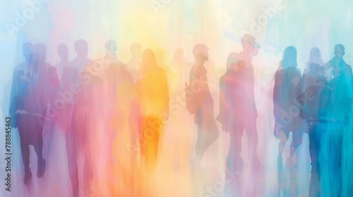 Soft pastel hues and blurred silhouettes of diverse individuals come together in this depiction of Defocused Framework of Synergetic Efforts. The intentional loss of focus symbolizes . photo