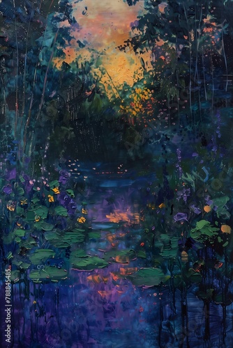pond princess pads trees background purple yellow lighting dunlap moon connected nature via vines jungle wake unseen object midsummer photo