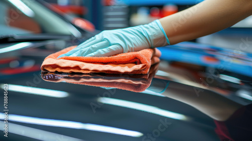 close up of hand that is cleaning shiny new car with a cloth