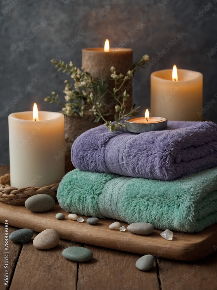 Four candles of varying sizes lit, casting warm glow on stack of fluffy towels in purple, teal. Towels sit on wooden board surrounded by smooth stones, small bouquet of white flowers in rustic vase. Four candles of varying sizes lit, casting warm glow on stack of fluffy towels in purple, teal. Towels sit on wooden board surrounded by smooth stones, small bouquet of white flowers in rustic vase.