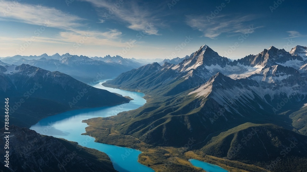 Vibrant blue river winds through valley surrounded by majestic mountains. Mountains in foreground lush, green, while peaks in background capped with snow. Sky clear blue with few wispy clouds.