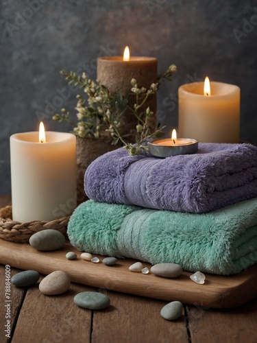 Four candles of varying sizes lit  casting warm glow on stack of fluffy towels in purple  teal. Towels sit on wooden board surrounded by smooth stones  small bouquet of white flowers in rustic vase.
