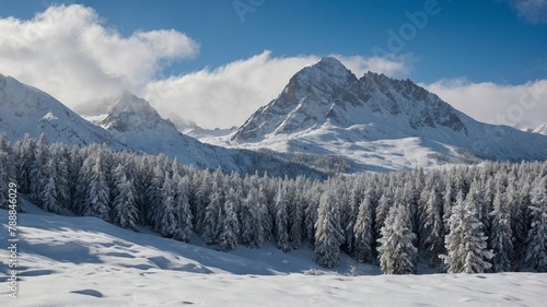 Snow-covered mountain range rises majestically in background, its peaks partially obscured by fluffy white clouds against clear blue sky. In foreground, dense evergreen forest blankets rolling hills.