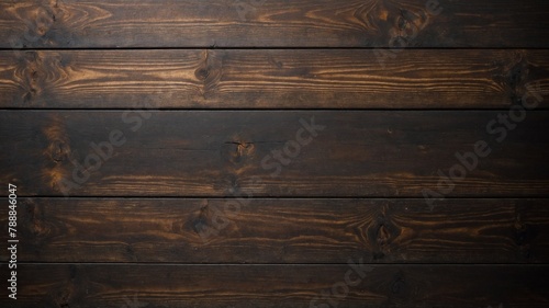Several planks of wood arranged horizontally to create flat surface. Wood dark brown color with visible grain, several knots. Surface weathered, worn, with some cracks. photo