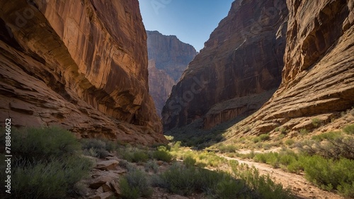Narrow dirt path winds through canyon, flanked by towering rock walls bathed in warm sunlight. Rugged terrain sparsely dotted with desert vegetation, clear blue sky peeks through canyon's opening. © Tamazina