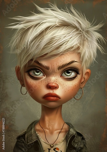 closeup cartoon short hair great details portrait rugged girl frown humorous oil defiant look attitude asymmetrical haircut pissed off well designed photo