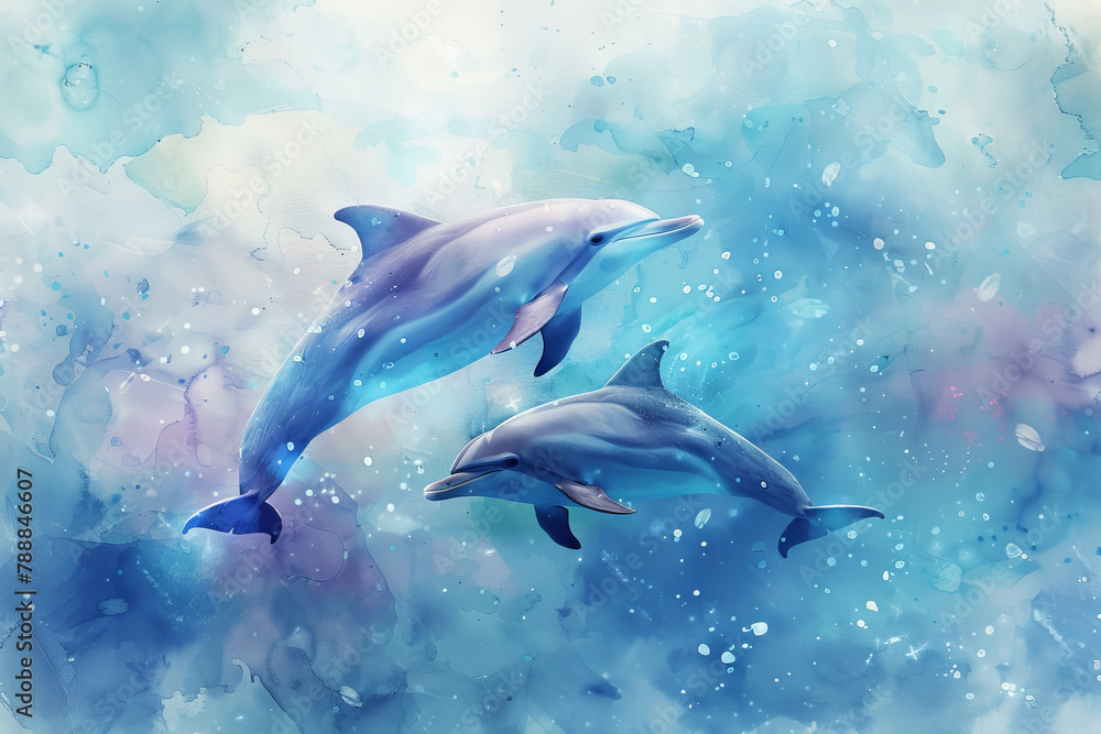 Obraz premium Two dolphins swimming in the ocean