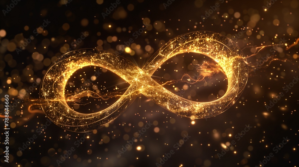 closeup gold infinity symbol sparkling lights panoramic river styx one thousand years longing fractal world whirlpool unconnected member endless reflection echo
