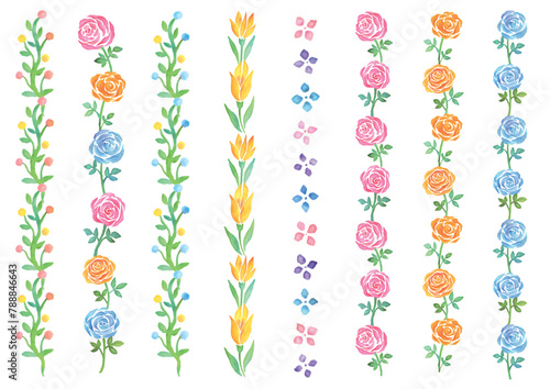 水彩手描きの花の飾り線のセット-縦型