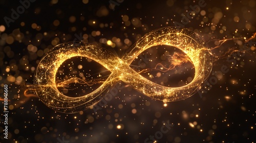 closeup gold infinity symbol sparkling lights panoramic river styx one thousand years longing fractal world whirlpool unconnected member endless reflection echo photo