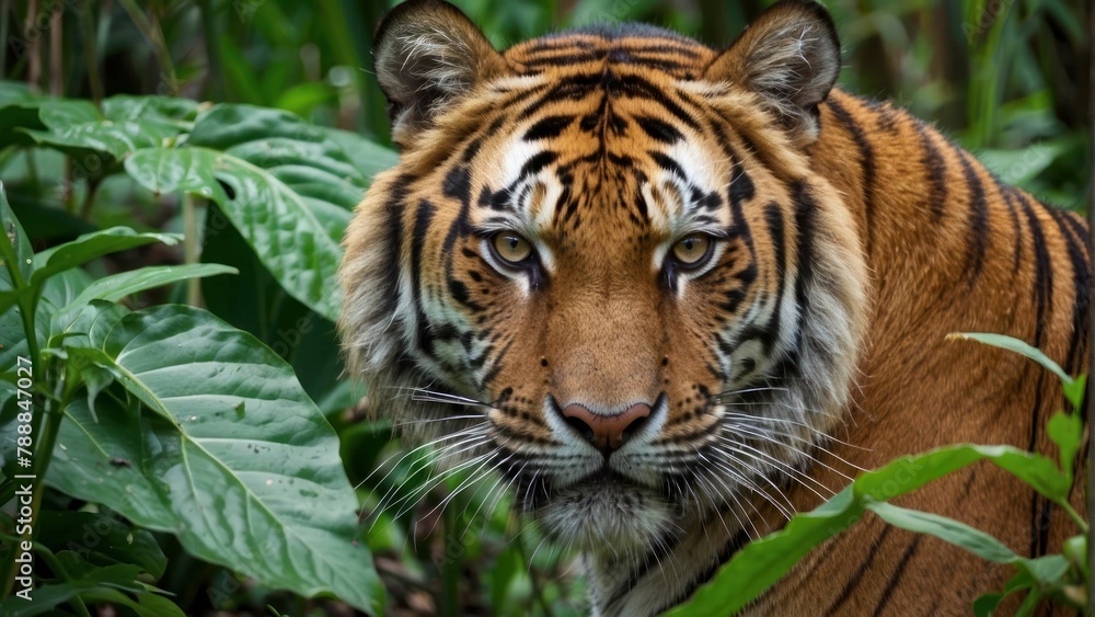 Majestic tiger peering through lush greenery Majestic tiger peering through lush greenery