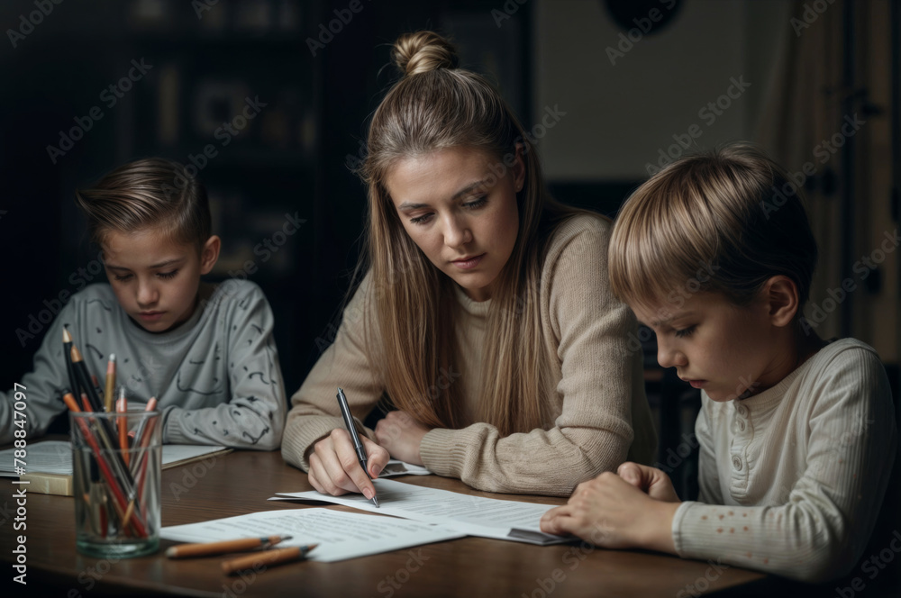 selective focus of mother writing letter to children at table at home selective focus of mother writing letter to children at table at home