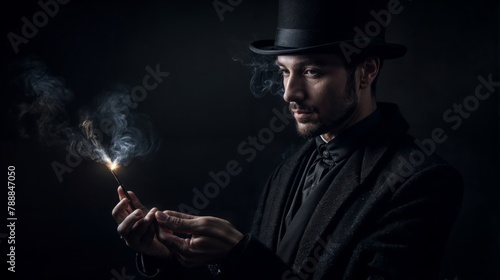 Handsome magician holding a magic wand and smoking on black background