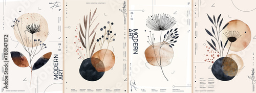 A set of four watercolor botanical illustrations on a beige background, featuring earthy tones, simple shapes, and lines in a boho style. These are minimalist vector posters.