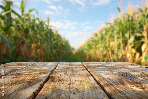 The empty wooden brown table top with blur background of corn field. Exuberant image - generative ai © Nia™