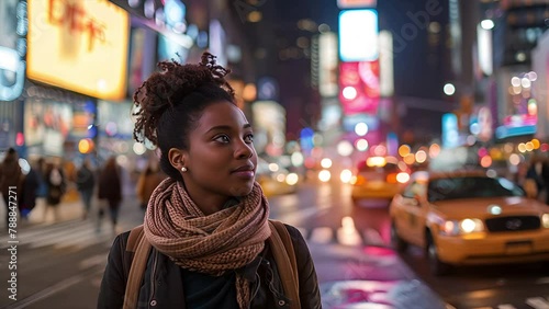 Tracking a gen-z African American woman wearing a scarf in busy Times Square in Manhattan with out of focus taxis behind her at night