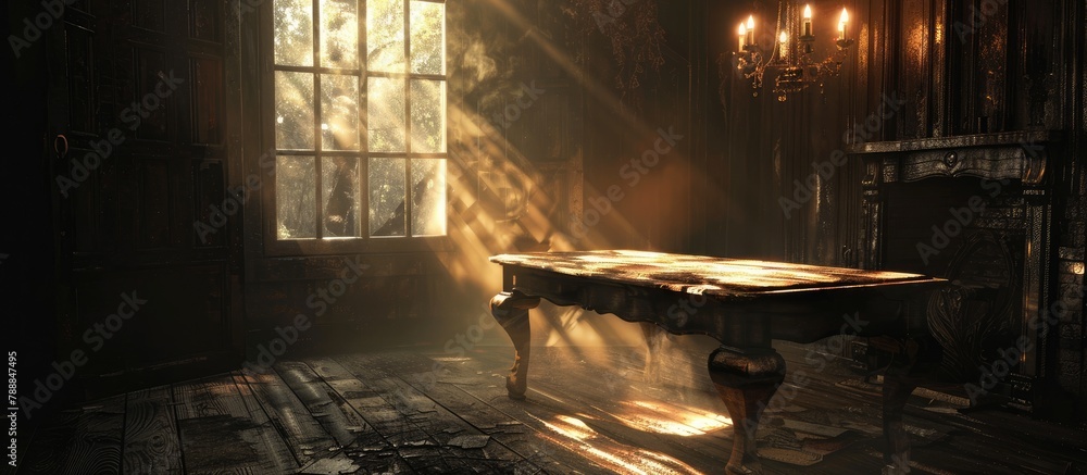 The eerie setting is enhanced by the aged table and the stunning light.