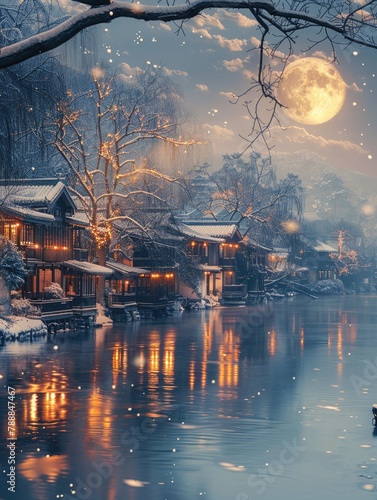 Winter cityscape with snowcovered buildings by a river, reflecting the sky © fanjianhua