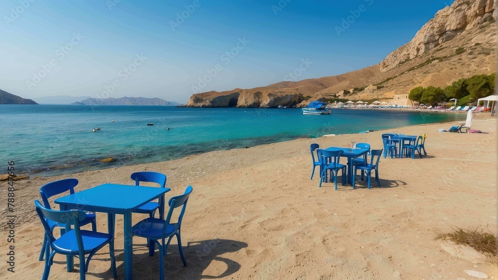 Seaside cafe with blue chairs overlooking bay Seaside cafe with blue chairs overlooking bay