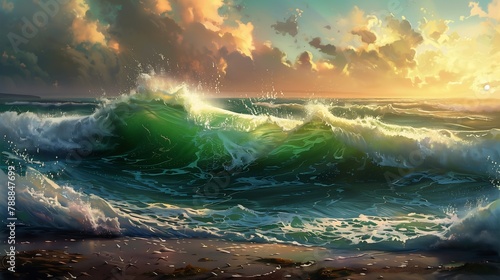 wave breaking beach sunset background green wondrous buff strong sunlight painted thick brush deep sprites rays ocean photo
