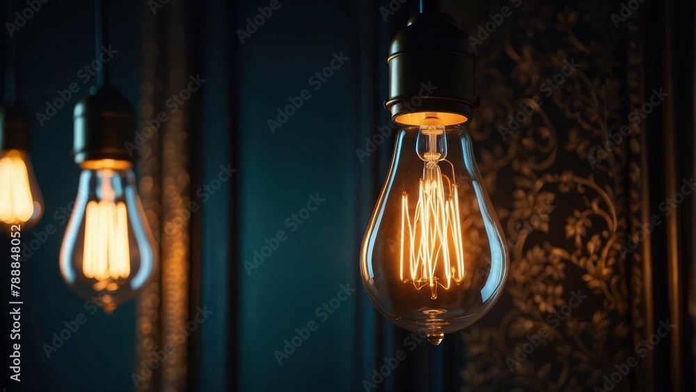 Glowing filament light bulbs in dark space Glowing filament light bulbs in dark space