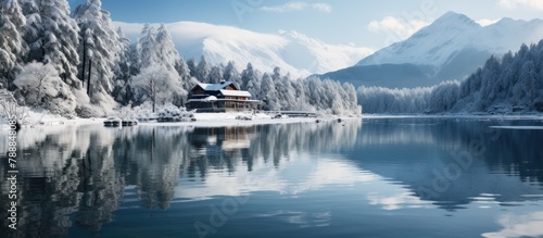 Beautiful view of Lake with snow covered and wooden hut in pine forest mountains in winter