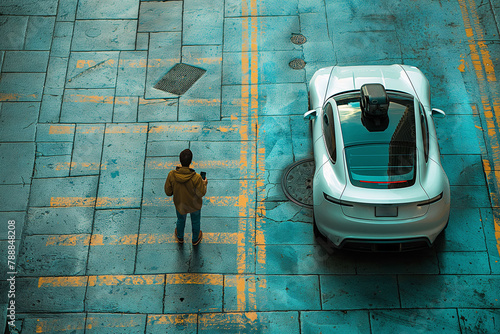 Man using cell phone to use autonomous car service