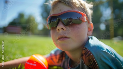 Closeup of a child with a visual impairment using adaptive equipment to participate in a game of kickball showcasing the accessibility and inclusivity of the program for individuals . photo