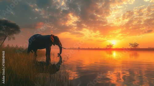 An elephant silhouetted against a beautiful sunset in its natural environment, Ai Generated