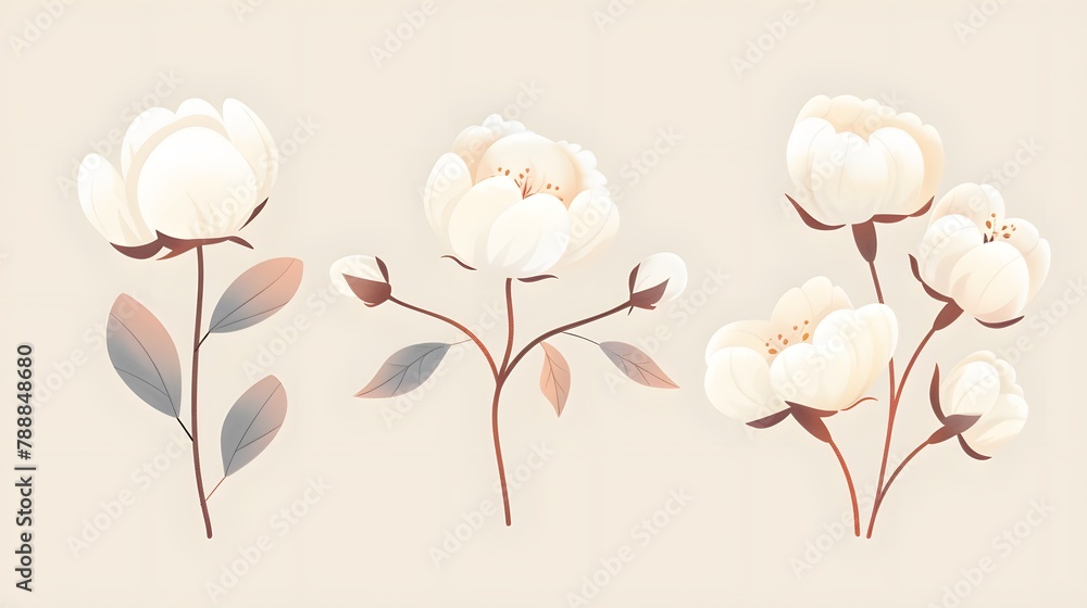 Monochrome stylized pictures set of white cotton flowers. Vector illustrations set. Cotton flower plant, organic ball fluffy boll
