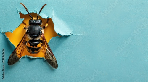 A humorous hornet peers through a ripped hole in a contrast pastel color paper background, Ai Generated
