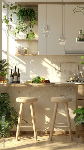 Generative AI   modern eclectic kitchen with cream colors  natural light  and plants