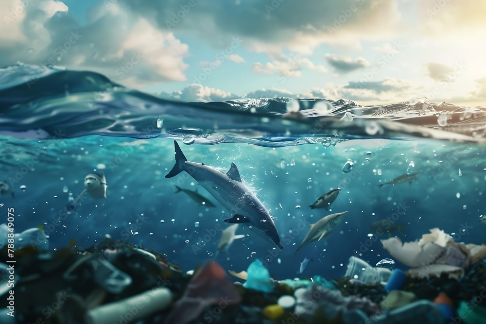Fototapeta premium Generative AI : Pollution in oceans concept, Stop ocean plastic pollution concept.
