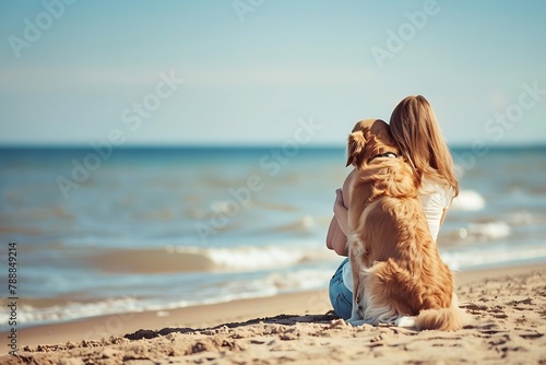 Generative AI : Generous female owner hugging with adorable golden retriever breed dog with true love sitting #788849214