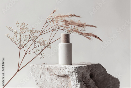 A natural rock platform adorned with dry twigs serves as the backdrop for a mockup featuring a cosmetic jar with copy space, set amidst the tranquility of a neutral beige-gray background.