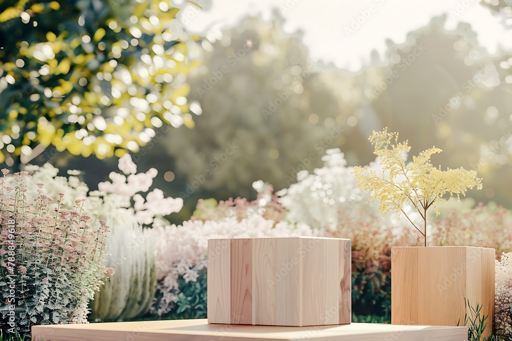Generative AI : Wooden square display podiums in the garden on sunny day for baby and kid in pastel tone colors. 3D rendering. Generative AI : Wooden square display podiums in the garden on sunny day for baby and kid in pastel tone colors. 3D rendering.