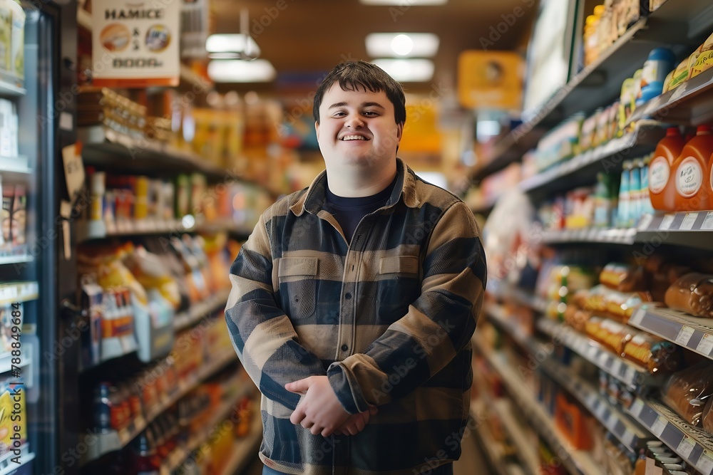Generative AI : Young man with Down syndrome standing in small supermarket store.