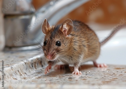 A rat at the sink with dirty dishes.