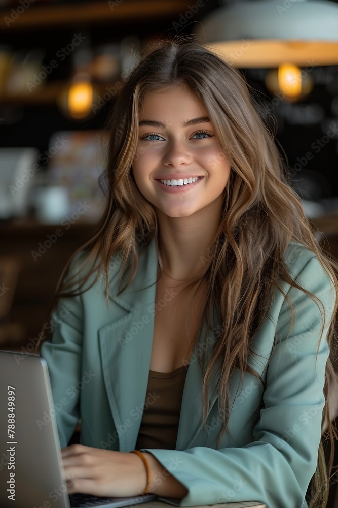 Generative AI : businesswoman with long brown hair is smiling in a light green blazer, sitting at a table in a cafe working 