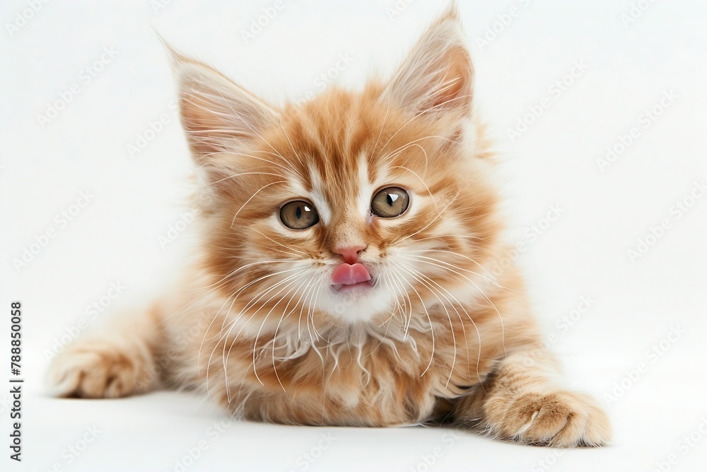 Generative AI : Fluffy Maine Coon kitten licking its lips isolated over white background