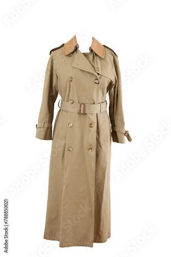 Long stylish beige raincoat. Tan trench coat. No background  png.  photo