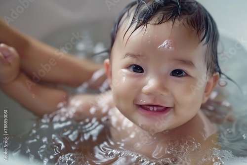 Generative AI : Close up asian newborn baby bathing in bathtub. mother bathing her son in warm water. © The Little Hut